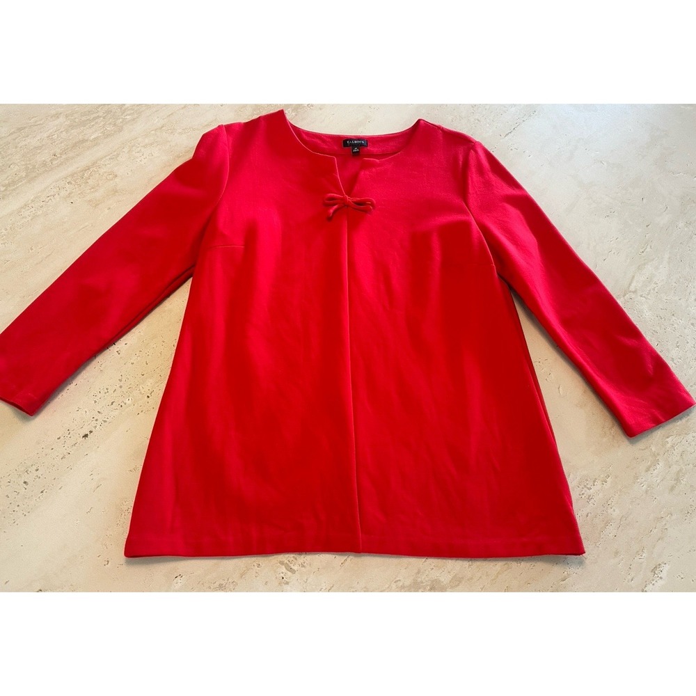Talbots Split Neck 3/4 Sleeve Top Women M Red Bow Rayon Blend Ponte Knit Holiday